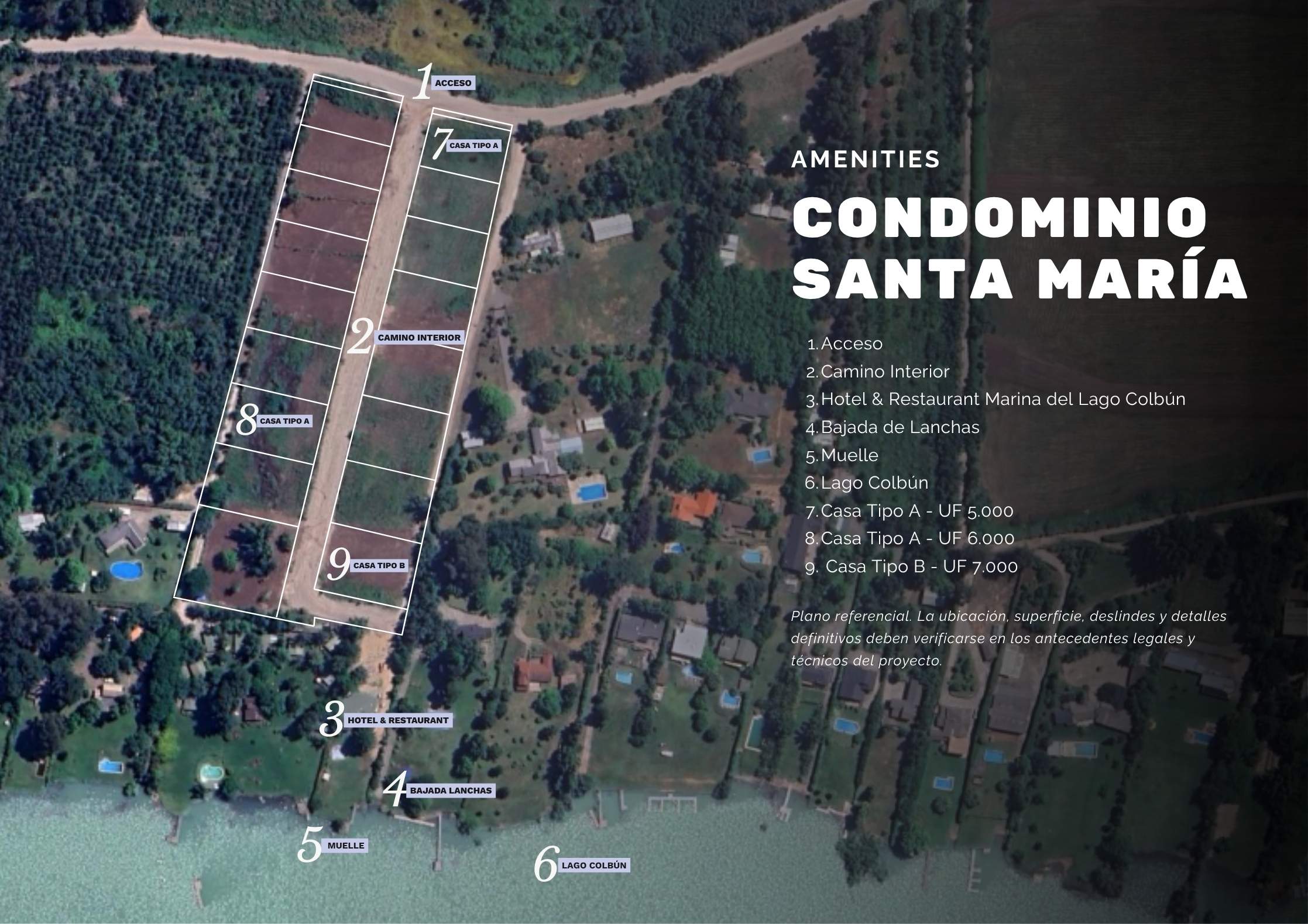 Plano general y amenities del Condominio Santa María Lago Colbún